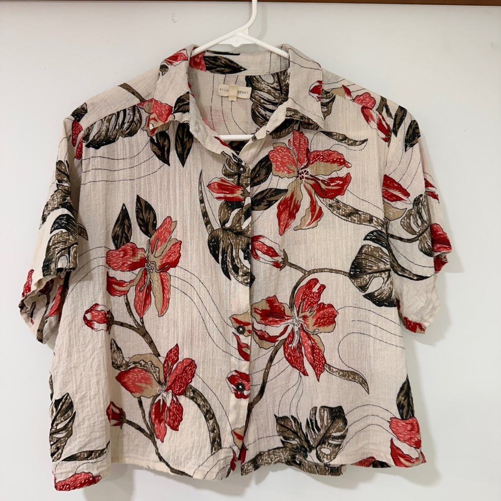 Gilded Intent Floral Button Down Shirt Women M Cotton Beige Red Tropical | Boho‎